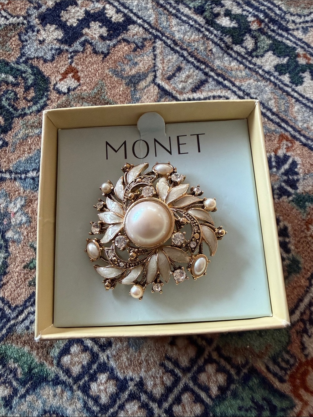 Monet Gold-Tone Pearl and Cream Enamel Floral Brooch